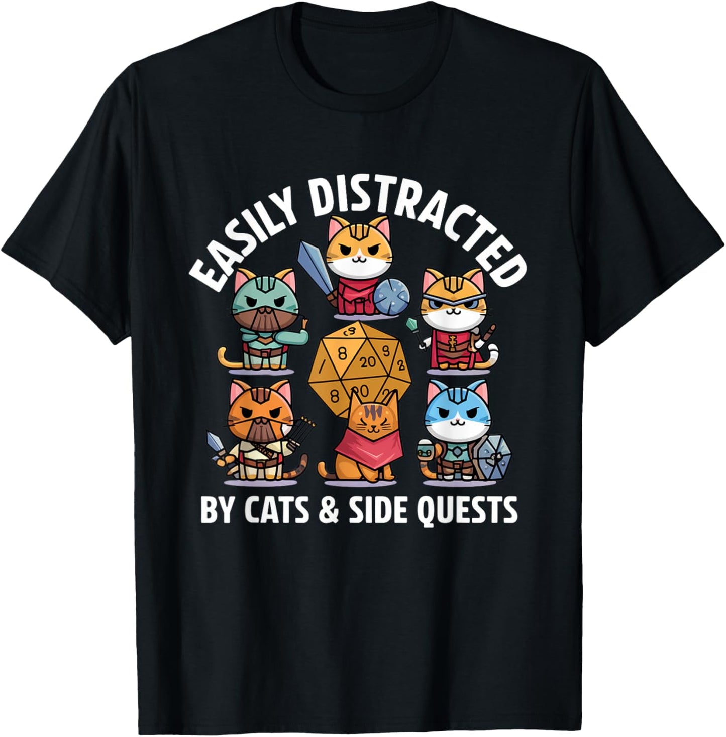 Easily Distracted By Cats and Side Quests T-Shirt - T-Shirt | Black