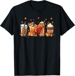 Fall Coffee Pumpkin Spice Latte Iced Autumn Turkey Bird T-Shirt - T-Shirt | Black