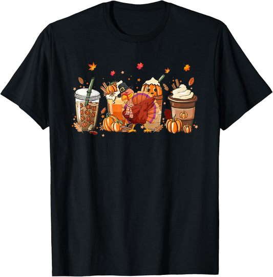Fall Coffee Pumpkin Spice Latte Iced Autumn Turkey Bird T-Shirt - T-Shirt | Black