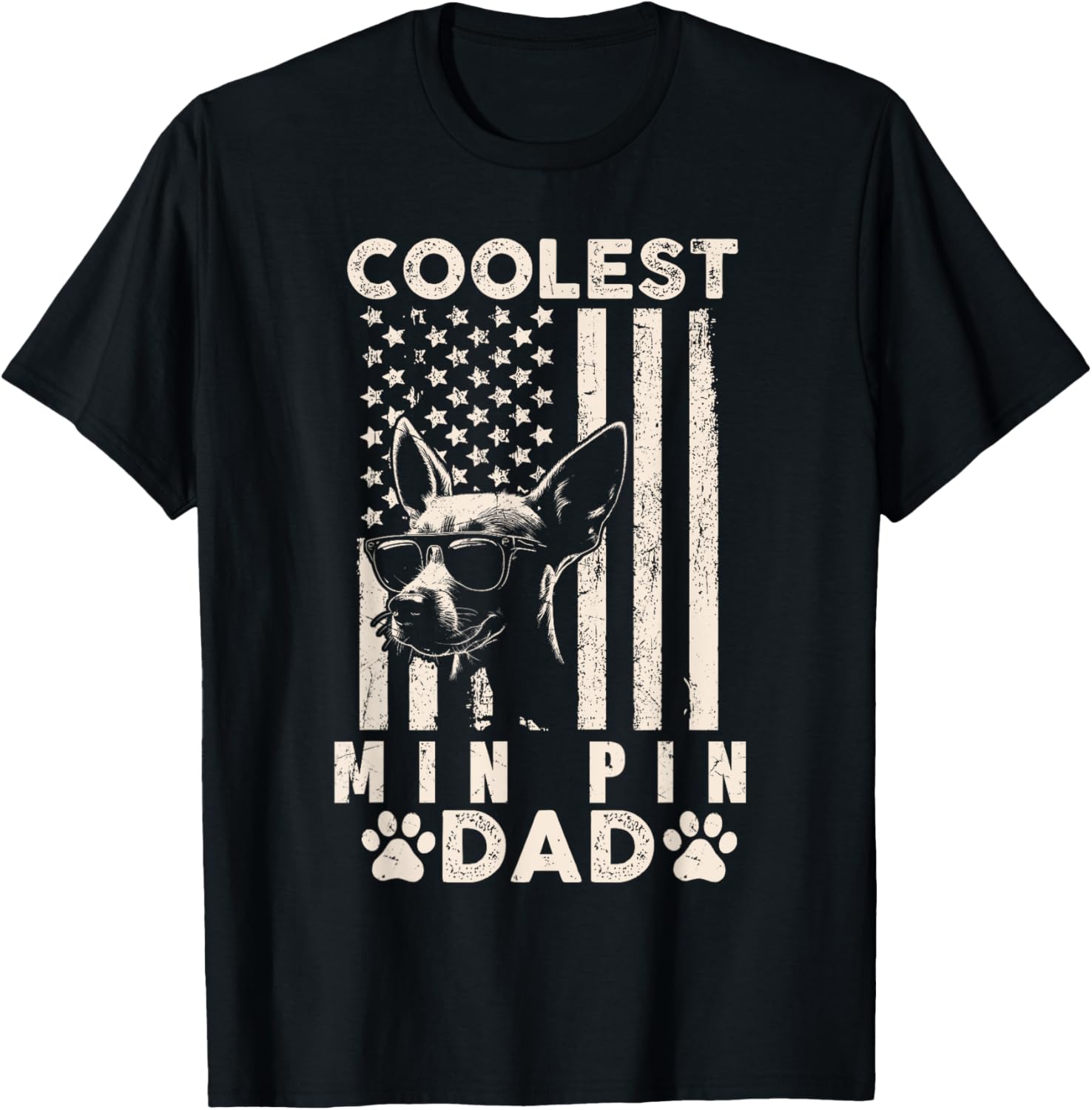 Coolest Min Pin Dad Vintage American Flag Funny Fathers Day Kids Men T-Shirt - T-Shirt | Black