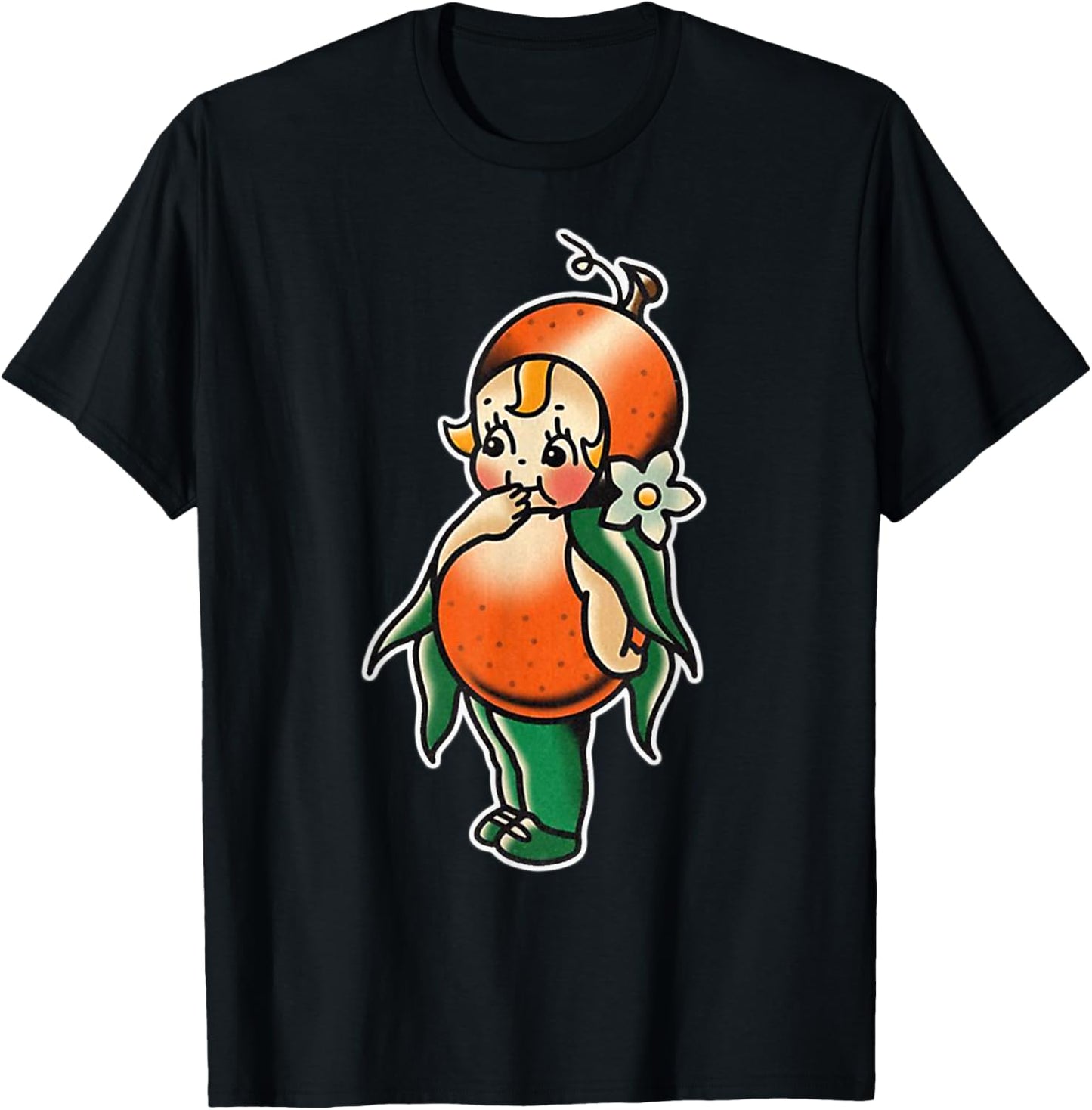 Urban Empyre Kewpie Baby Orange Fruit Traditional Tattoo Flash , Small, Black T-Shirt - T-Shirt | Black