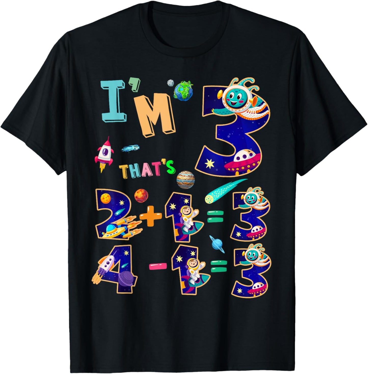 Maths 3rd Birthday Space Idea For Kids & 3 Year Old Numbers T-Shirt - T-Shirt | Black