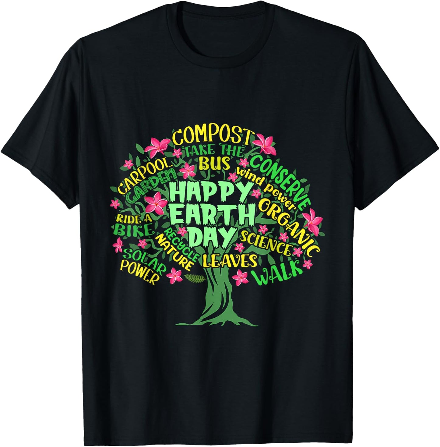 Happy Earth Day Tree Drawing Illustration Word Art T-Shirt - T-Shirt | Black