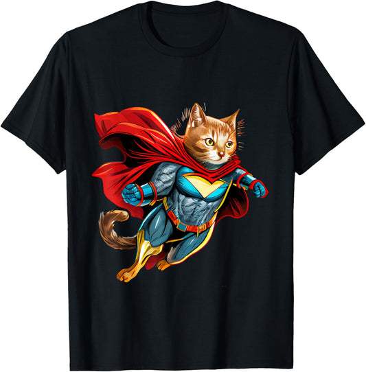 Superhero Cat Red Cape Super Hero Cat Kitten Kitty T-Shirt - T-Shirt | Black