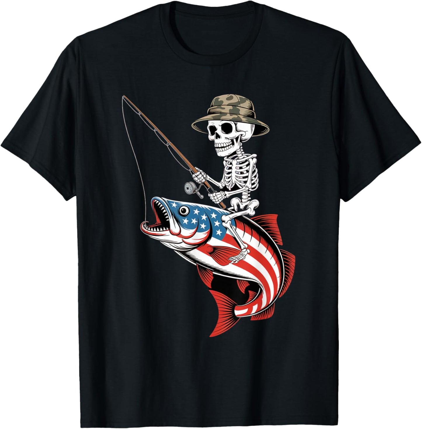 Patriotic Skeleton Fishing American Flag for Anglers T-Shirt - T-Shirt | Black