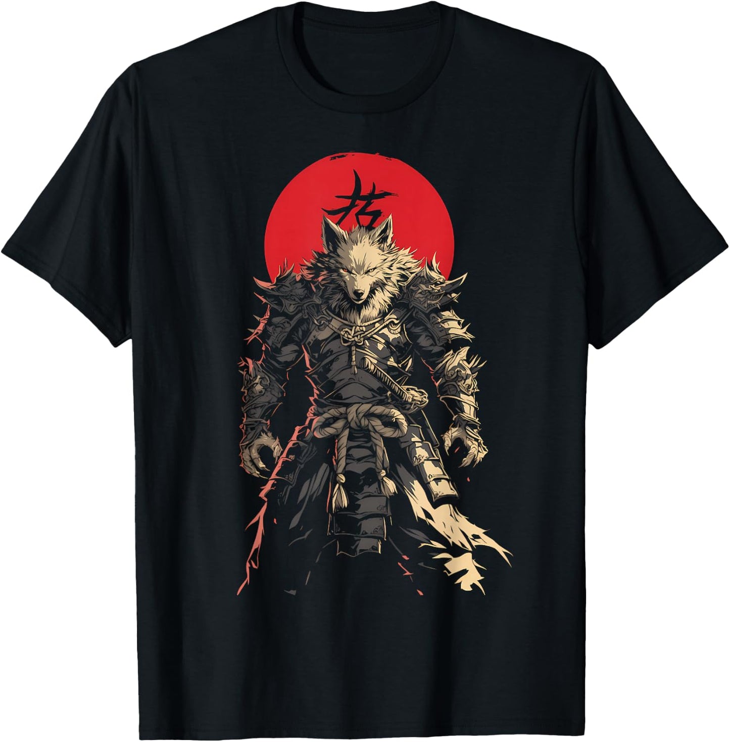 Japanese Samurai Wolf Kanji Samurai Warrior Wolf T-Shirt - T-Shirt | Black