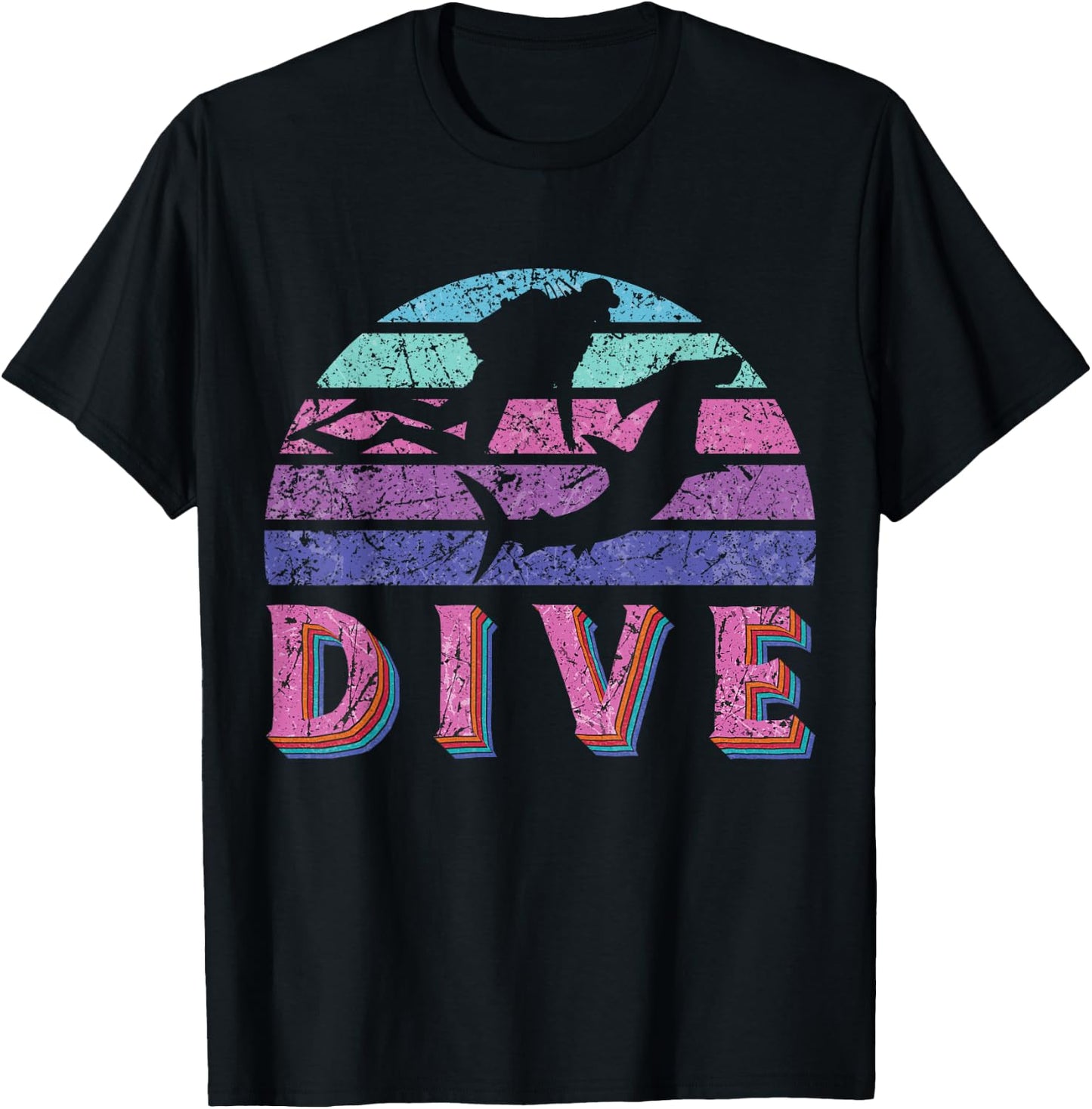 Dive Hammerhead Shark Retro Vintage Pink Purple Scuba Diving T-Shirt - T-Shirt | Black