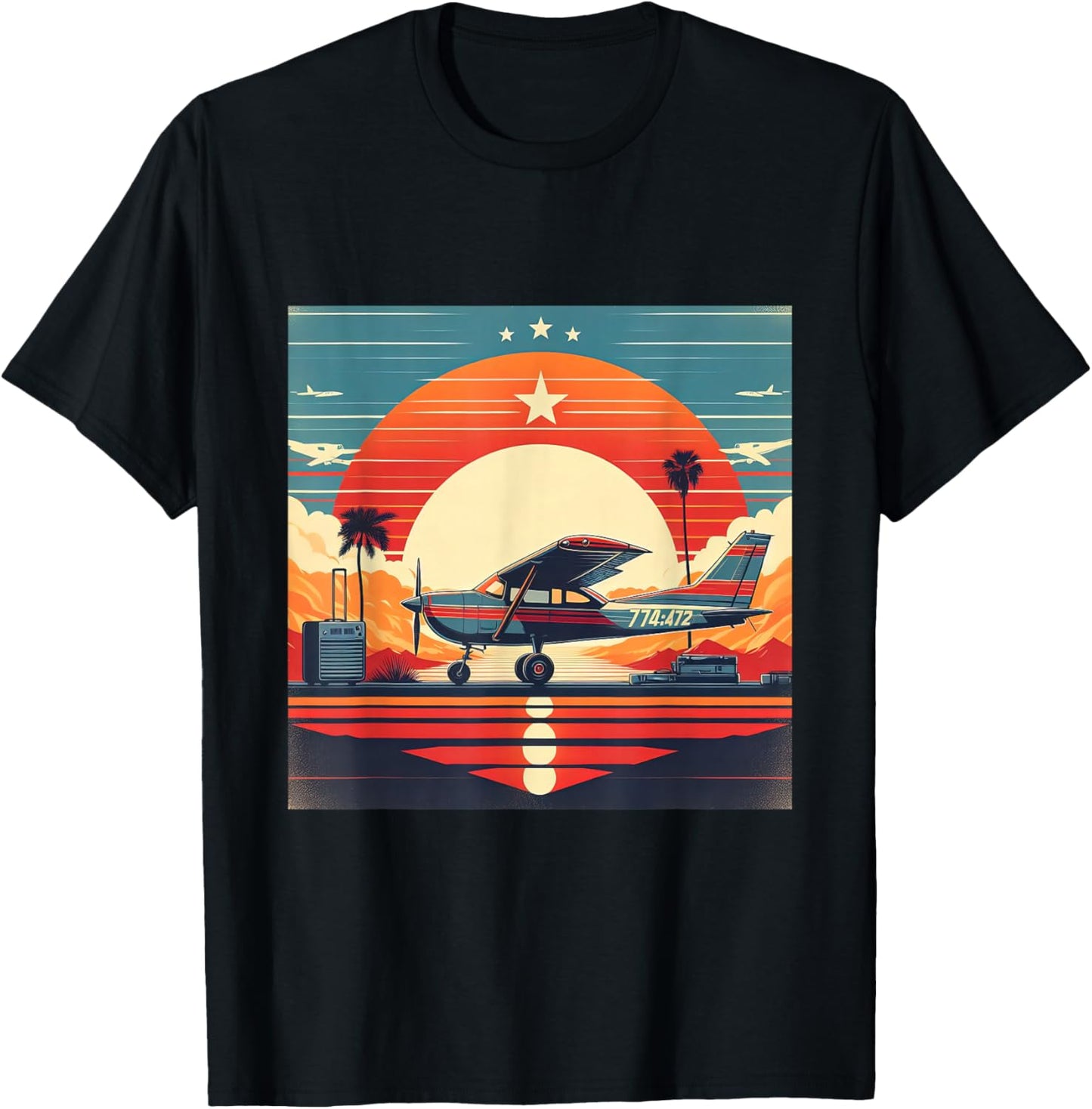 C-172 Skyhawk Vintage C172 Airplane Retro Sunset Pilot T-Shirt - T-Shirt | Black