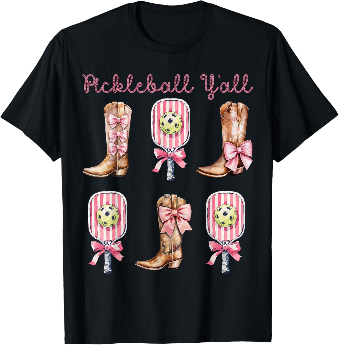 Pickleball Y'all Western Boots and Paddle Funny Pickleball T-Shirt - T-Shirt | Black