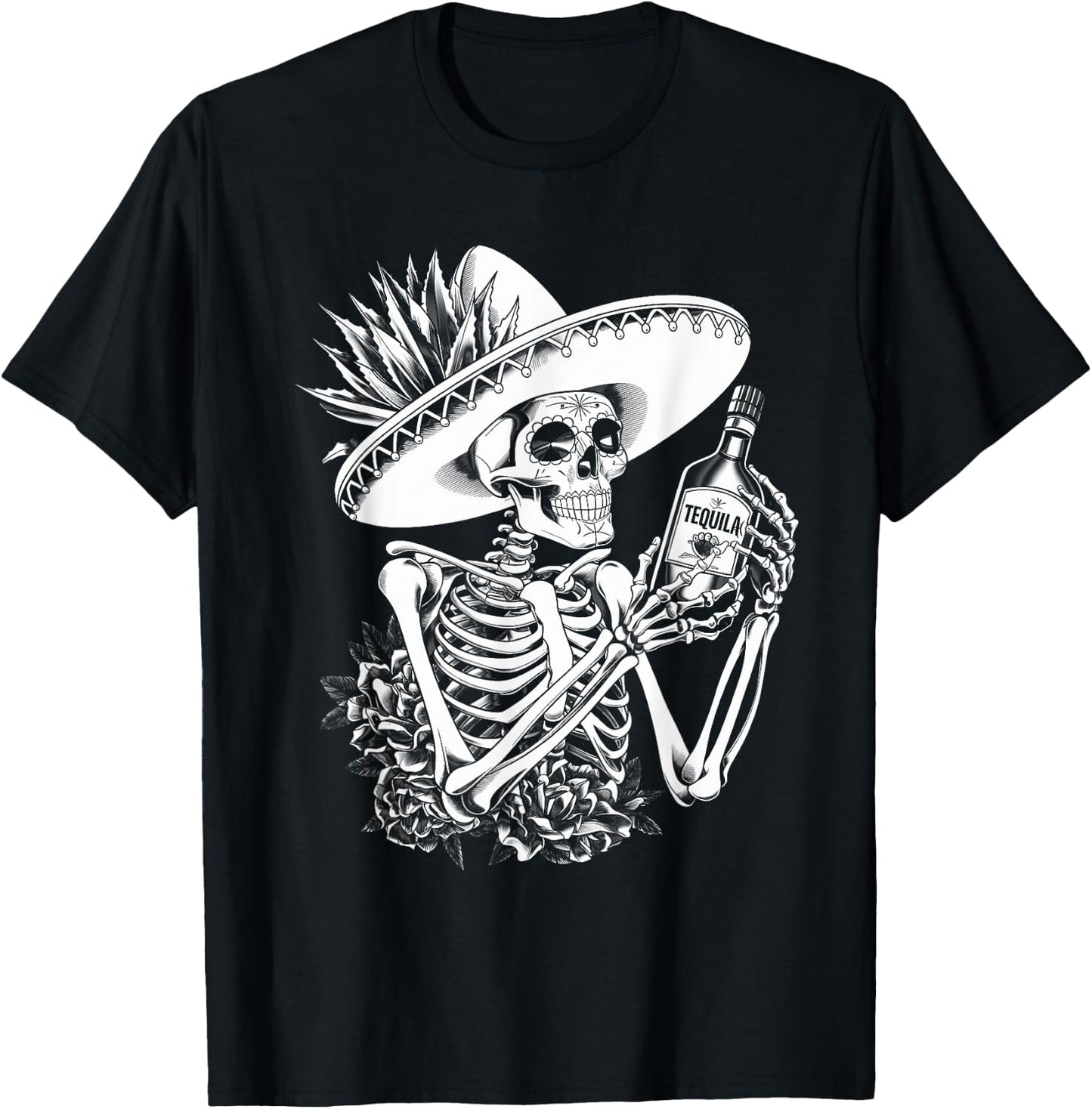 Mexico Vintage Skeleton Tequila Dia De Los Muertos Mexican T-Shirt - T-Shirt | Black