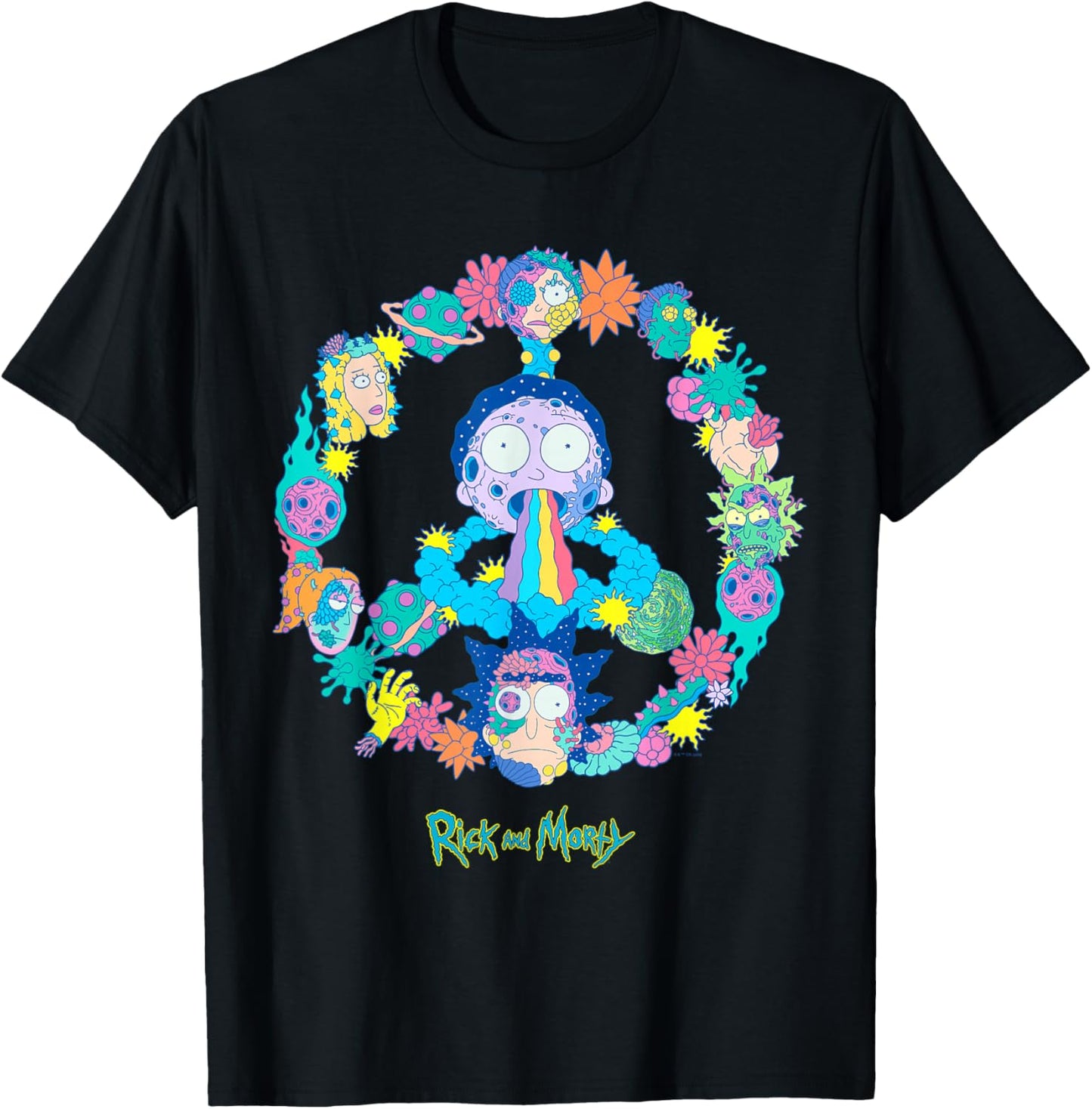 Rick and Morty Peace Sign Vivid Alien Adult Cartoon Fashion T-Shirt - T-Shirt | Black