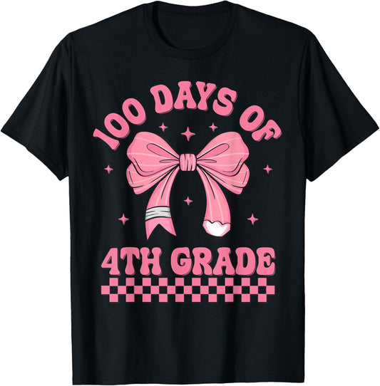 100th Day Of School Coquette Bow 100 Days Of 4th Grade T-Shirt - T-Shirt | Black