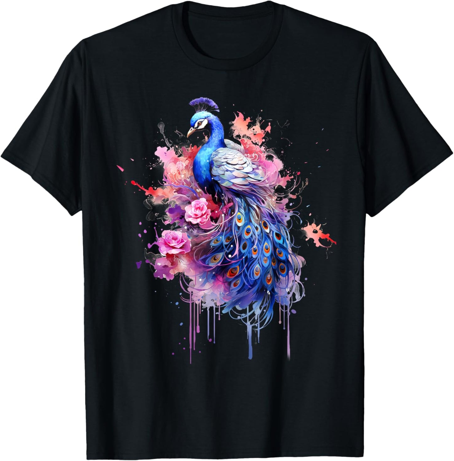 Peacock Watercolor Garden, Colorful Art, Peacock T-Shirt - T-Shirt | Black
