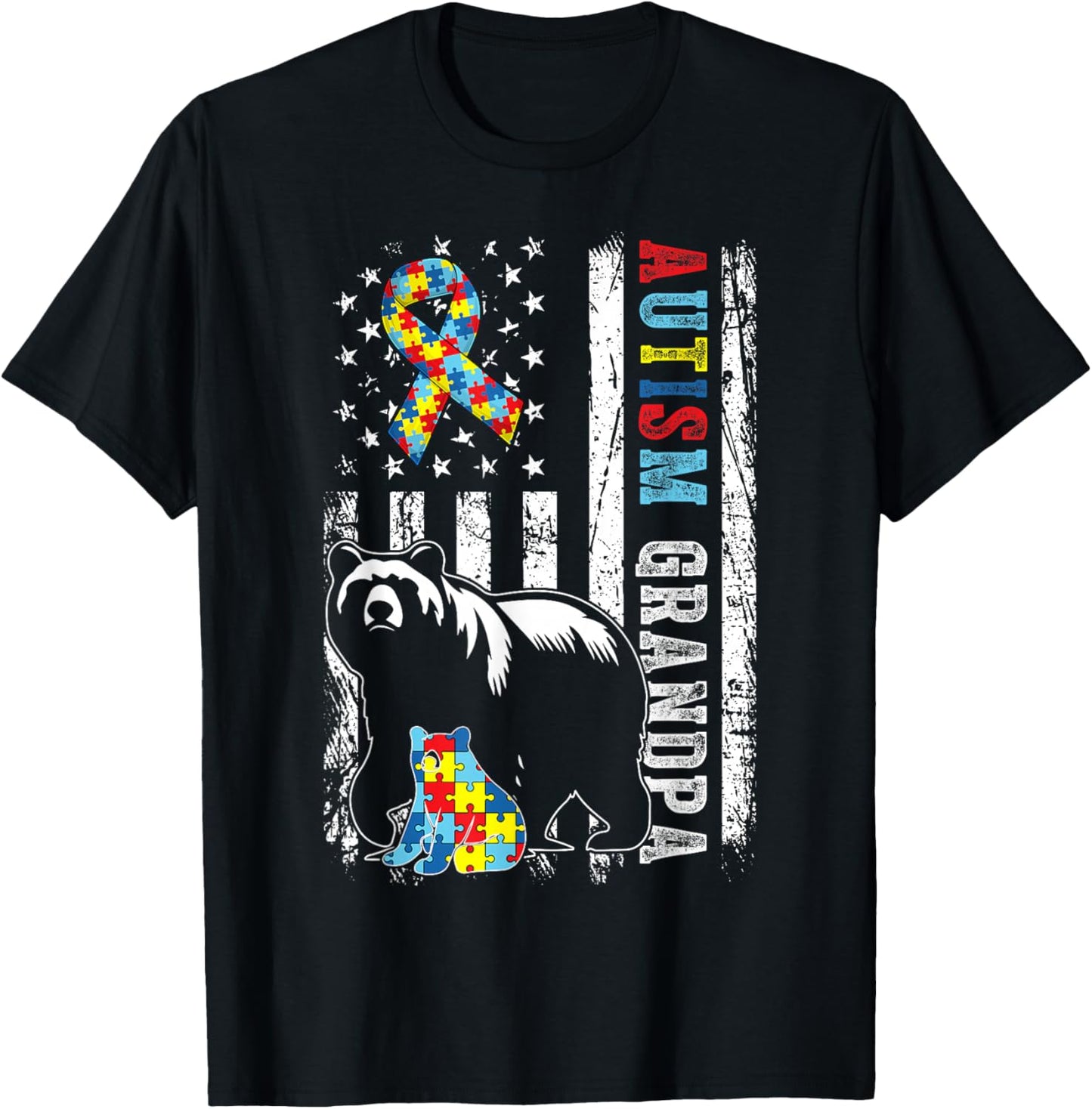 Autism Grandpa Bear With Puzzles & USA Flag Distressed T-Shirt - T-Shirt | Black