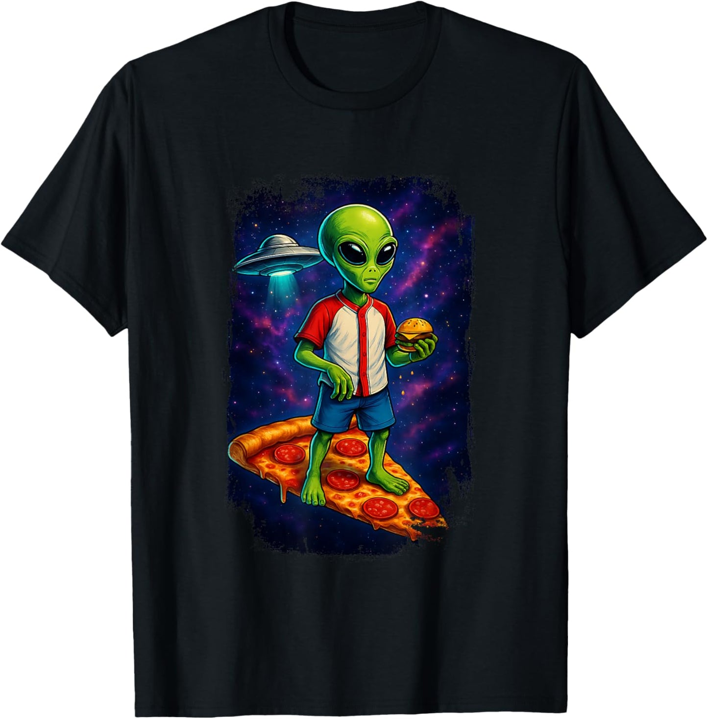 Alien UFO Pizza Galaxy Funny Hamburger T-Shirt - T-Shirt | Black
