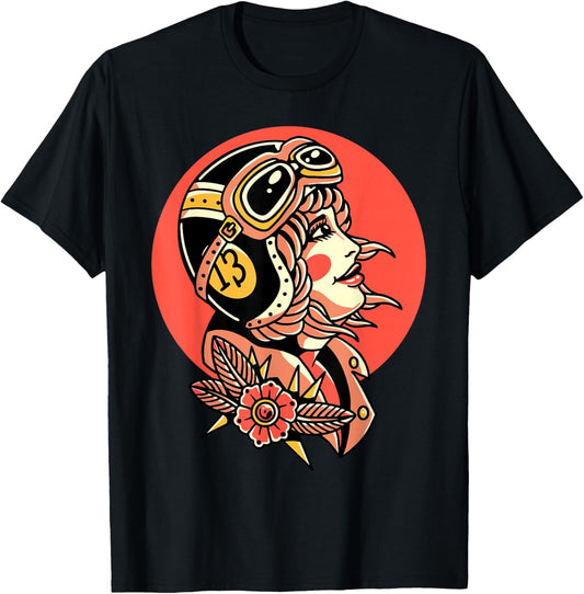 Biker Girl Traditional Tattoo Flash T-Shirt - T-Shirt | Black