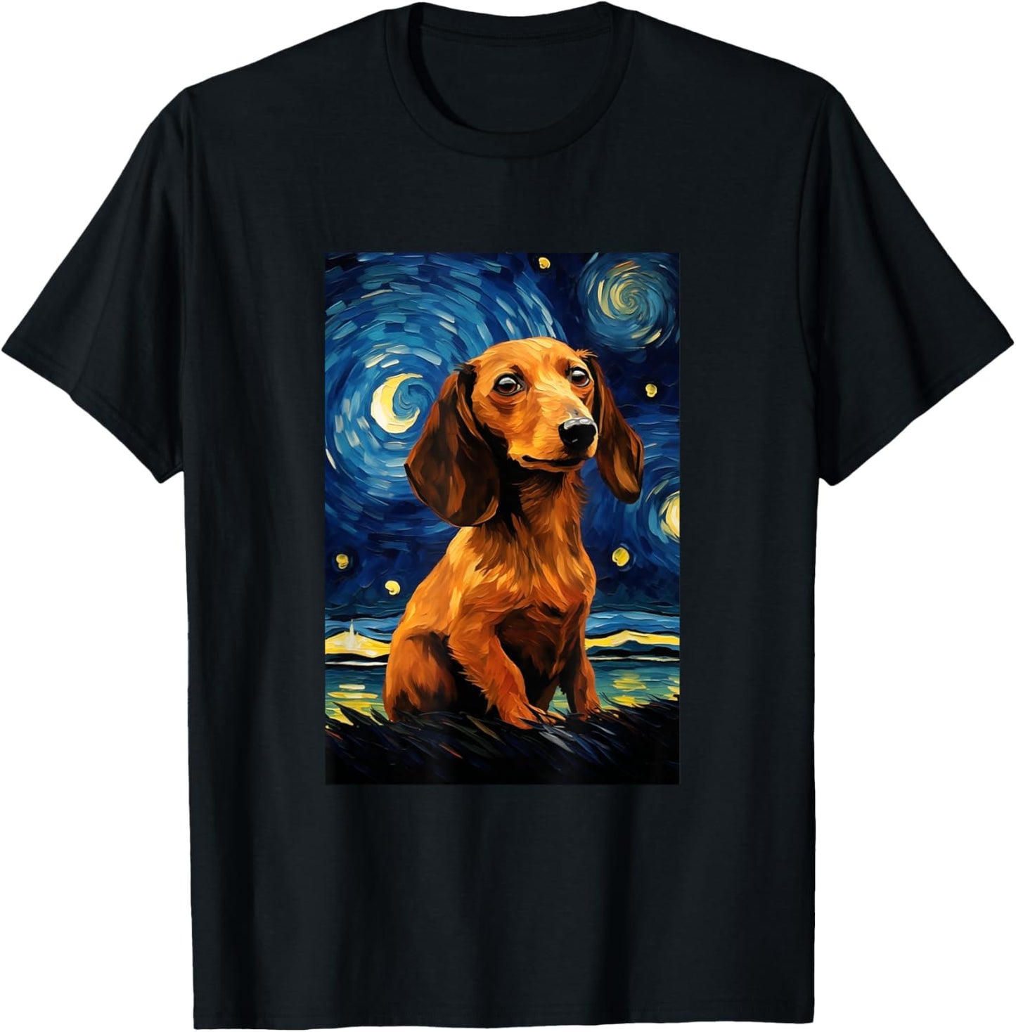 Cute Dachshund Dog Doggy - Van Gogh Style - Starry Night T-Shirt - T-Shirt | Black