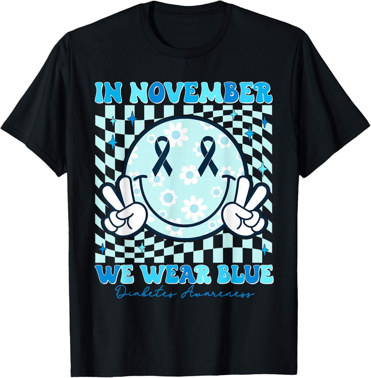 In November We Wear Ribbon Blue Diabetes Awareness Woman Men T-Shirt - T-Shirt | Black