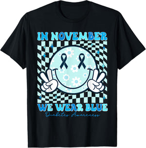 In November We Wear Ribbon Blue Diabetes Awareness Woman Men T-Shirt - T-Shirt | Black