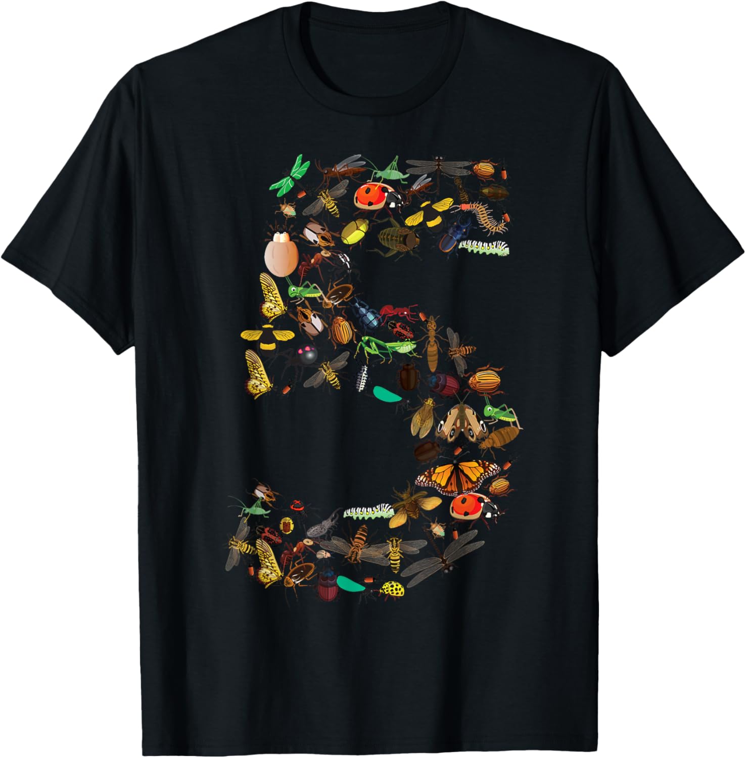 Funny Bugs 5th Birthday Gift | Cute 5 Years Old Boy Girl Kid T-Shirt - T-Shirt | Black