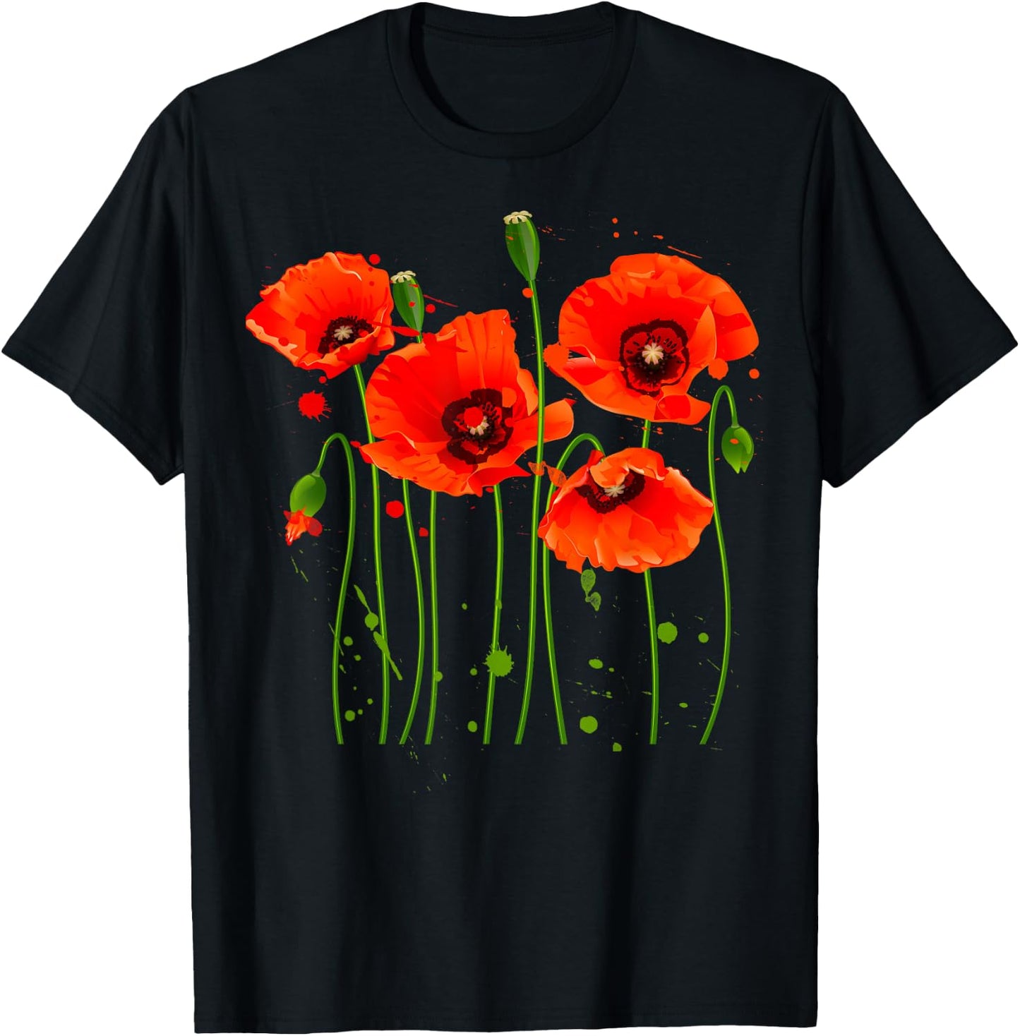 Watercolor Red Poppy Flower Gardening Plants Lover Gift T-Shirt - T-Shirt | Black