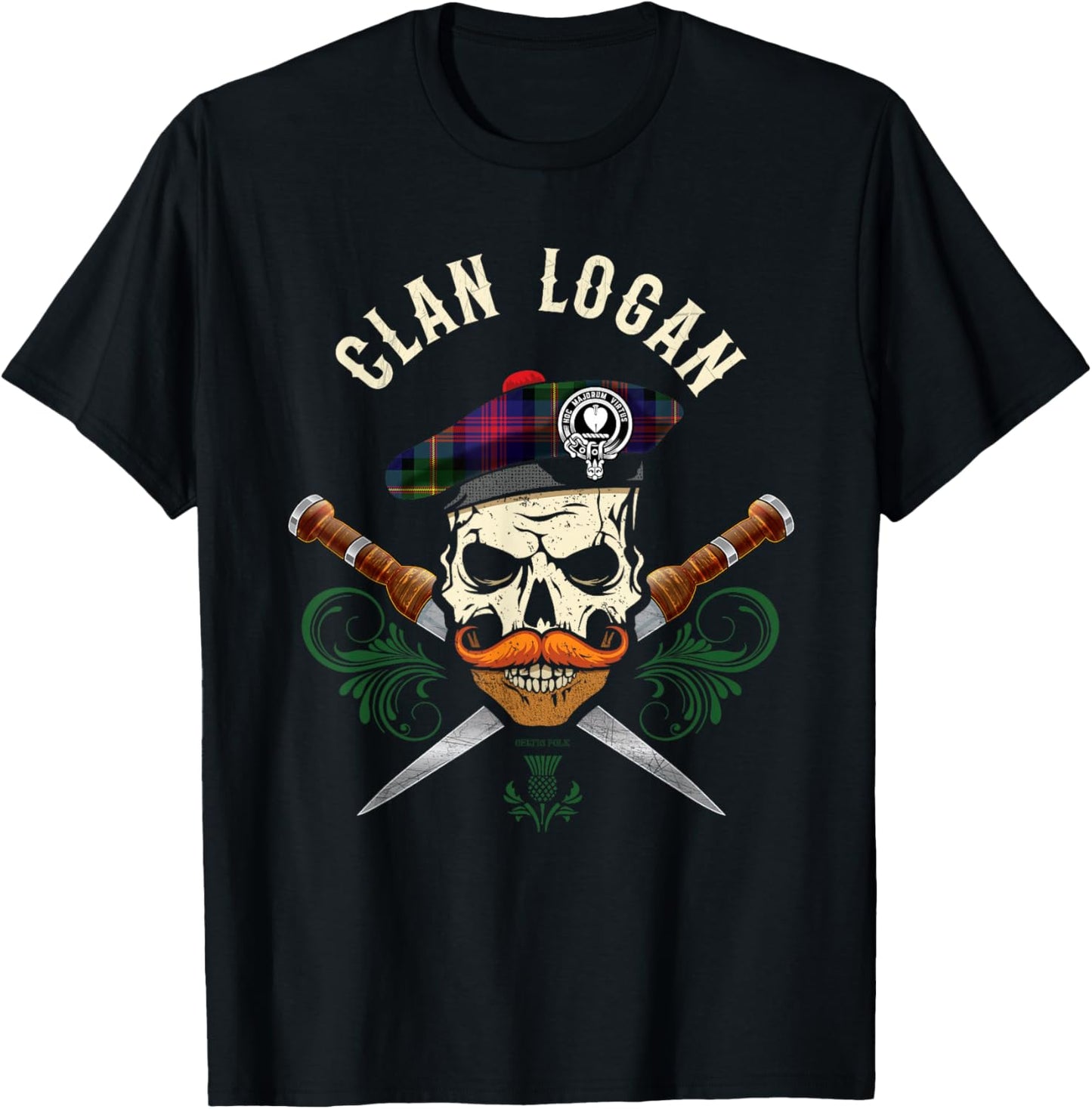 Scottish Clan Logan Surname Skull Dirks Tartan Badge T-Shirt - T-Shirt | Black