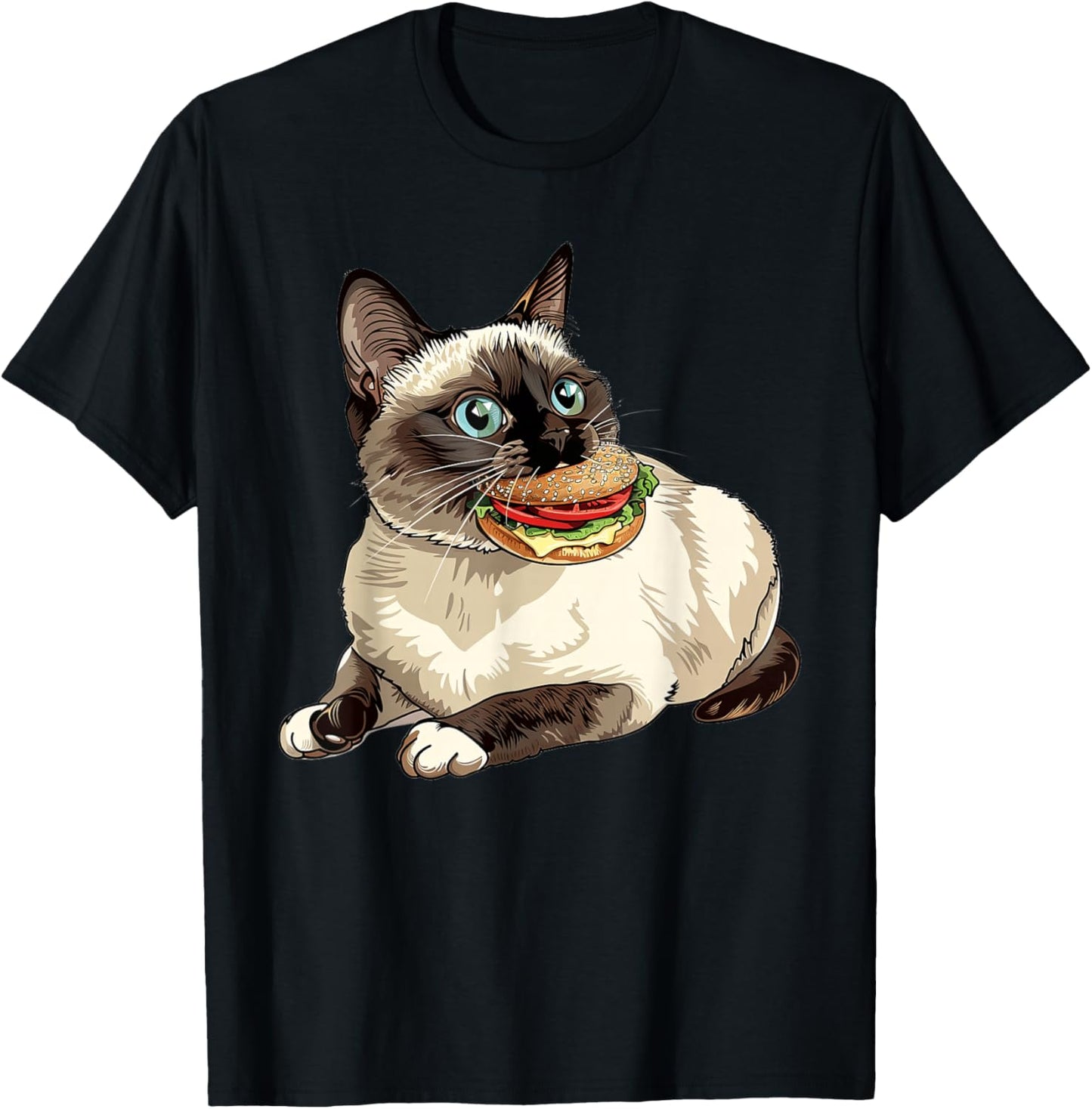 Snowshoe Cat Eating A Hamburger T-Shirt - T-Shirt | Black