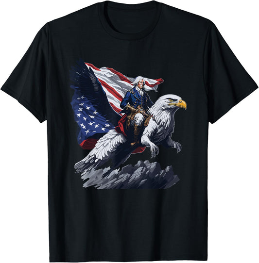 George Washington Riding A Bald Eagle Patriotic Women Men T-Shirt - T-Shirt | Black