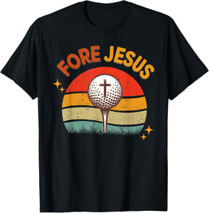 FORE Jesus Christian Golf Ball Retro Golfer 70s Golfing T-Shirt - T-Shirt | Black