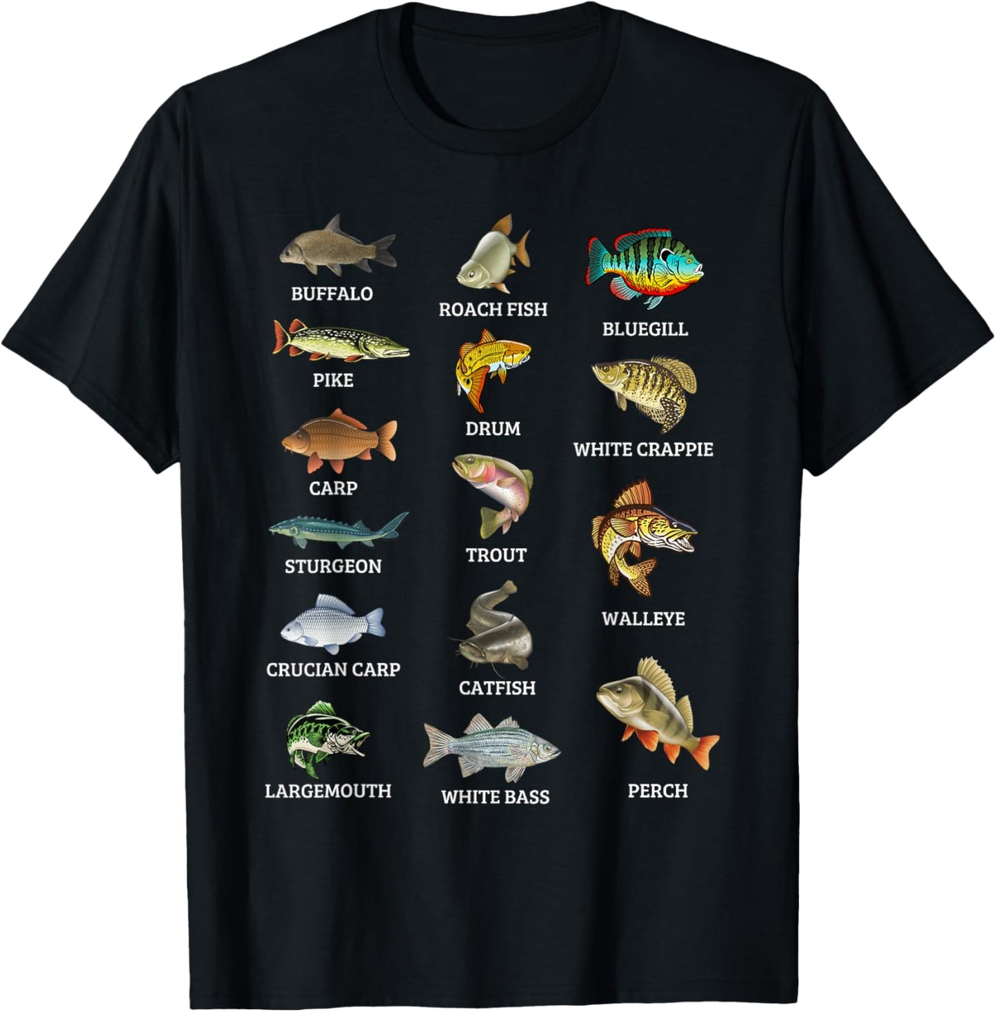 Types Of Freshwater Fish Species Fishing Fisherman Anglers T-Shirt - T-Shirt | Black