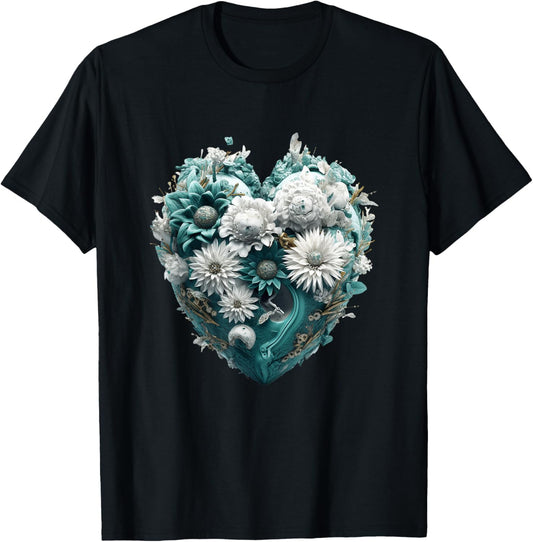Cute Teal Heart Graphic Made of Flowers Girls T-Shirt - T-Shirt | Black