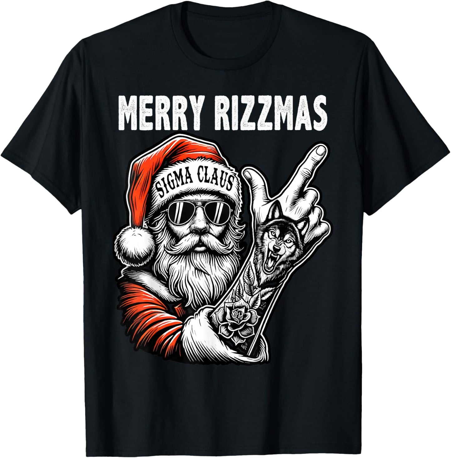 Merry Rizzmas, Funny Santa Wolf Tattoo Christmas Sigma Claus T-Shirt - T-Shirt | Black