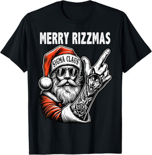 Merry Rizzmas, Funny Santa Wolf Tattoo Christmas Sigma Claus T-Shirt - T-Shirt | Black