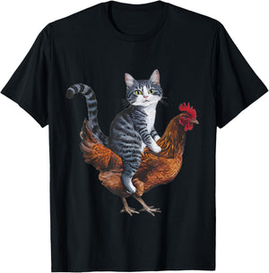 Funny Cat on a Chicken Lover T-Shirt - T-Shirt | Black