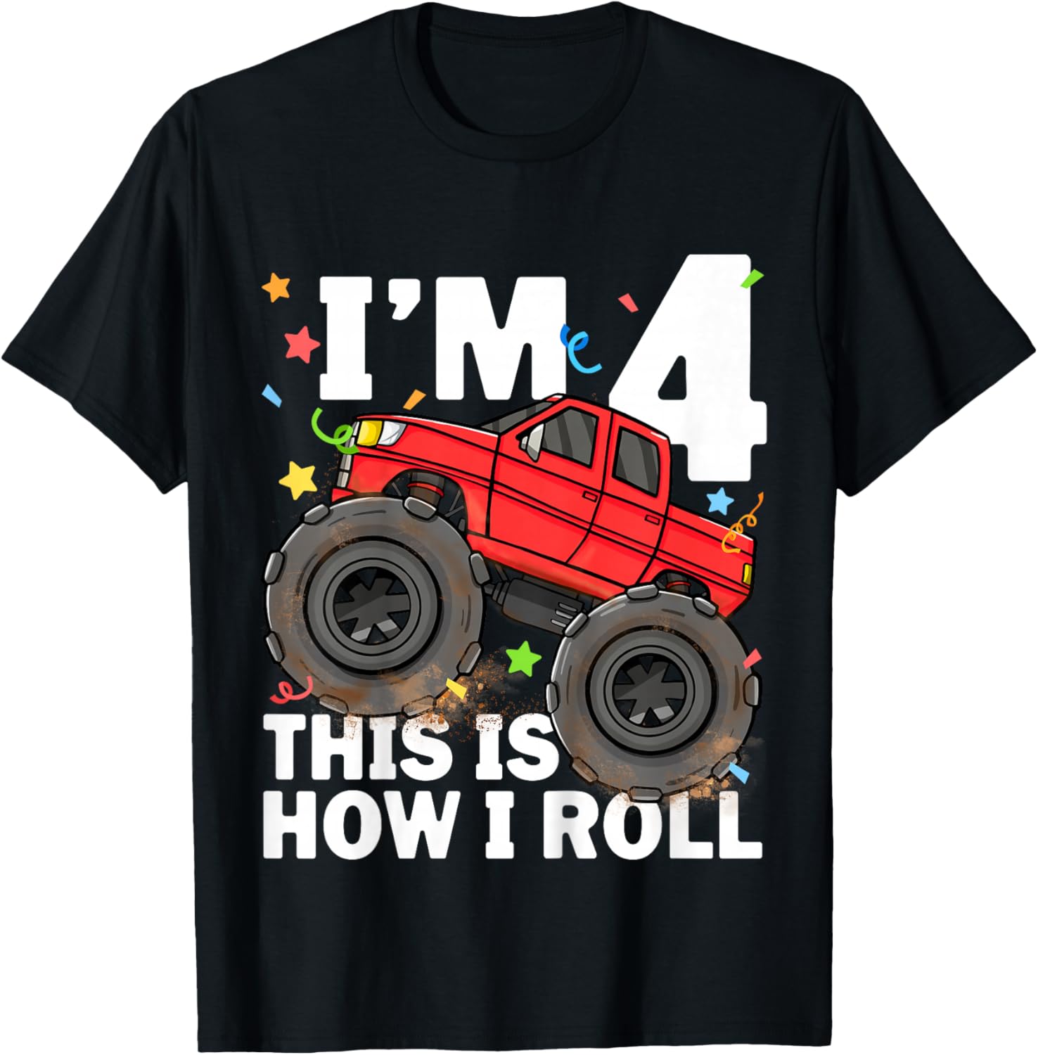 Kids Monster Truck 4th Birthday Boy Toddler 4 Four Year Old T-Shirt - T-Shirt | Black