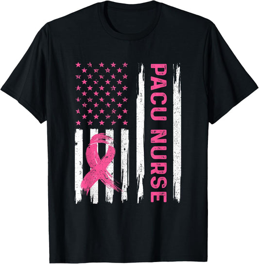 PACU Nurse American Flag Nurse Breast Cancer Awareness T-Shirt - T-Shirt | Black