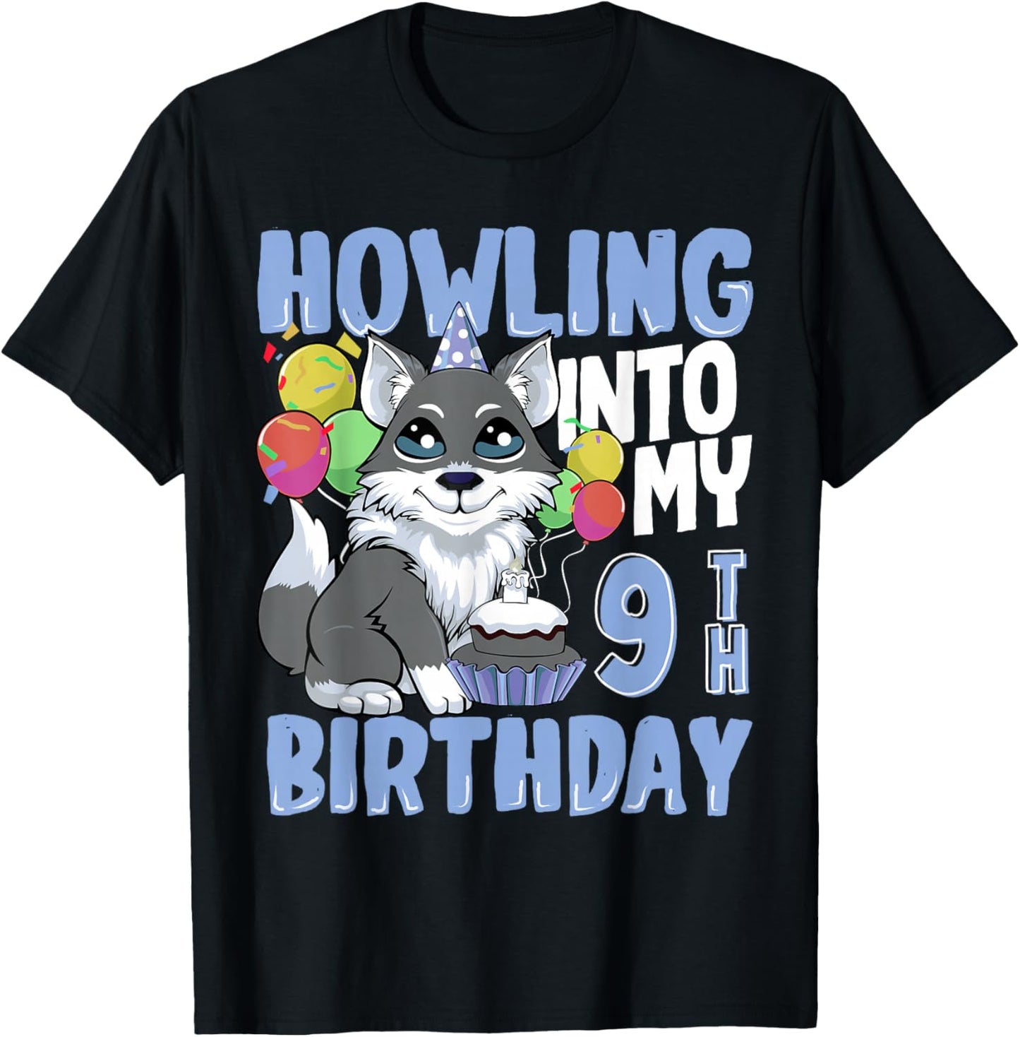 Wolf for 9 Year Old Birthday for 9th Birthday Wolf Kids Boys T-Shirt - T-Shirt | Black