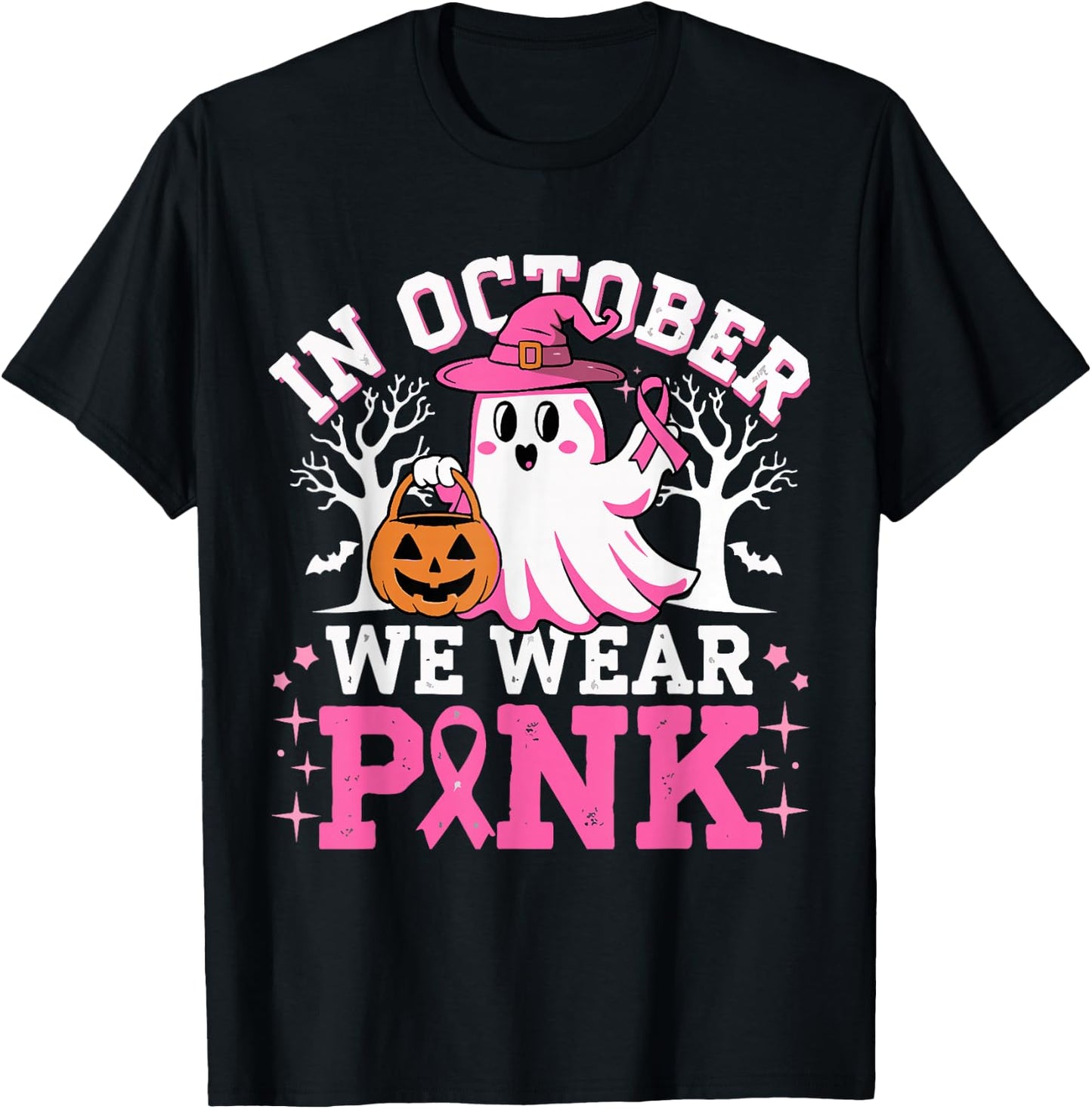 In October We Wear Pink Witch Ghost Halloween Breast Cancer T-Shirt - T-Shirt | Black