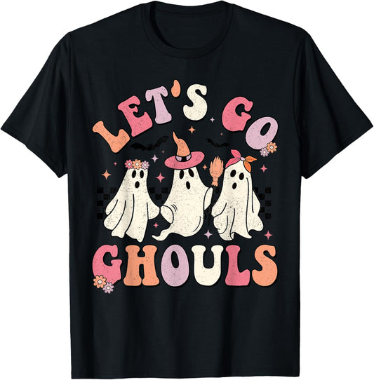 Let's Go Ghouls Halloween Ghost Outfit Costume Retro Groovy T-Shirt - T-Shirt | Black