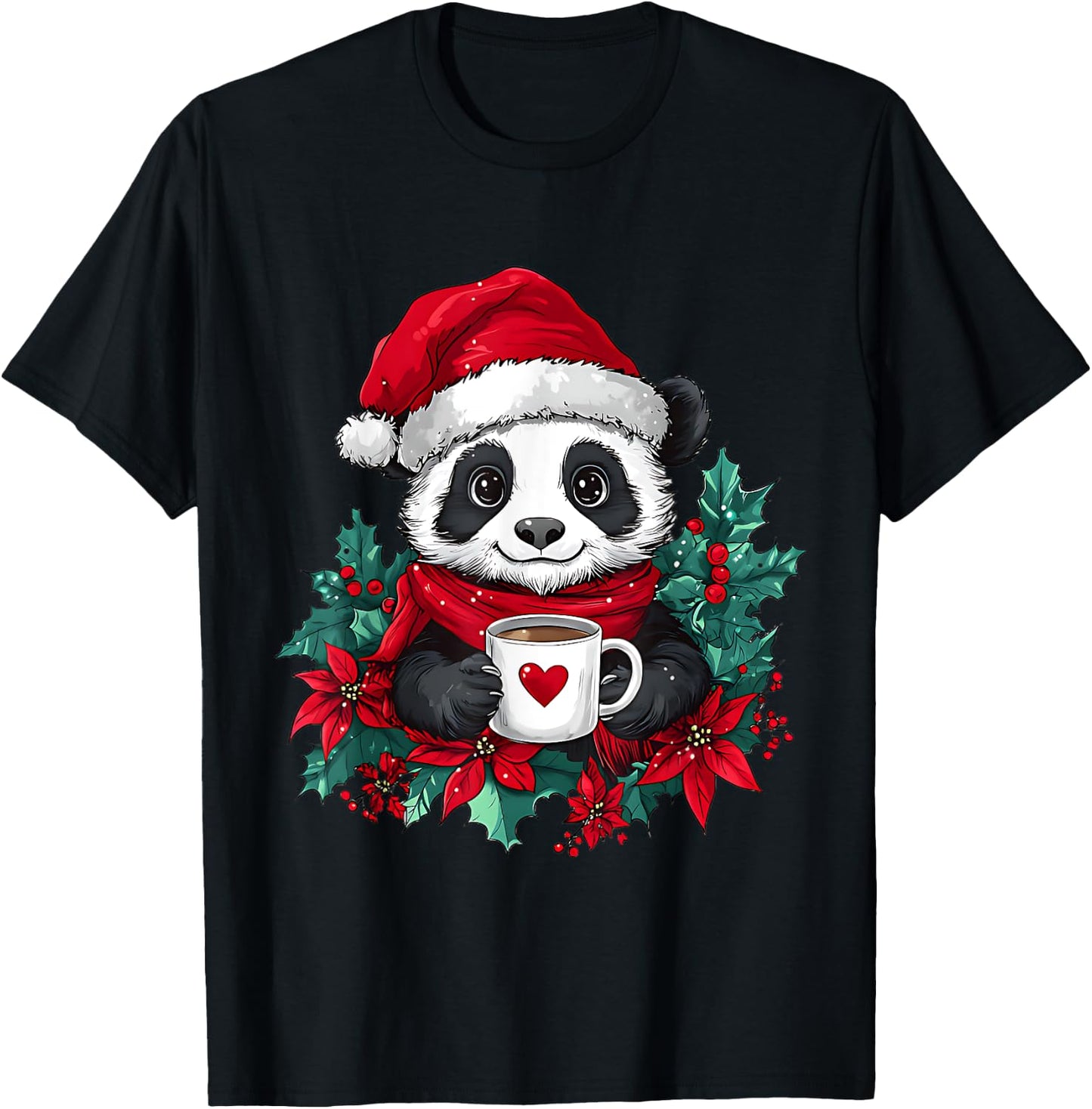 Christmas Panda Santa Coffee Girls Boys Kids Christmas Panda T-Shirt - T-Shirt | Black