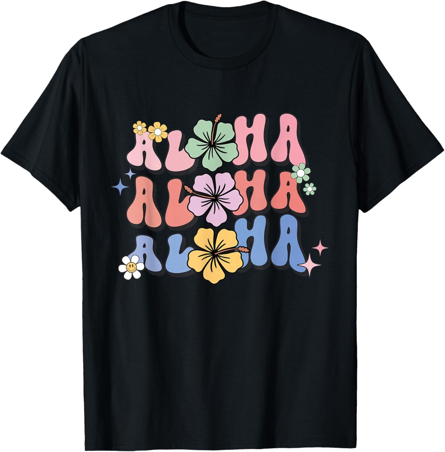 Aloha Hawaiian Hibiscus Flowers Retro Women's , Black, S T-Shirt - T-Shirt | Black