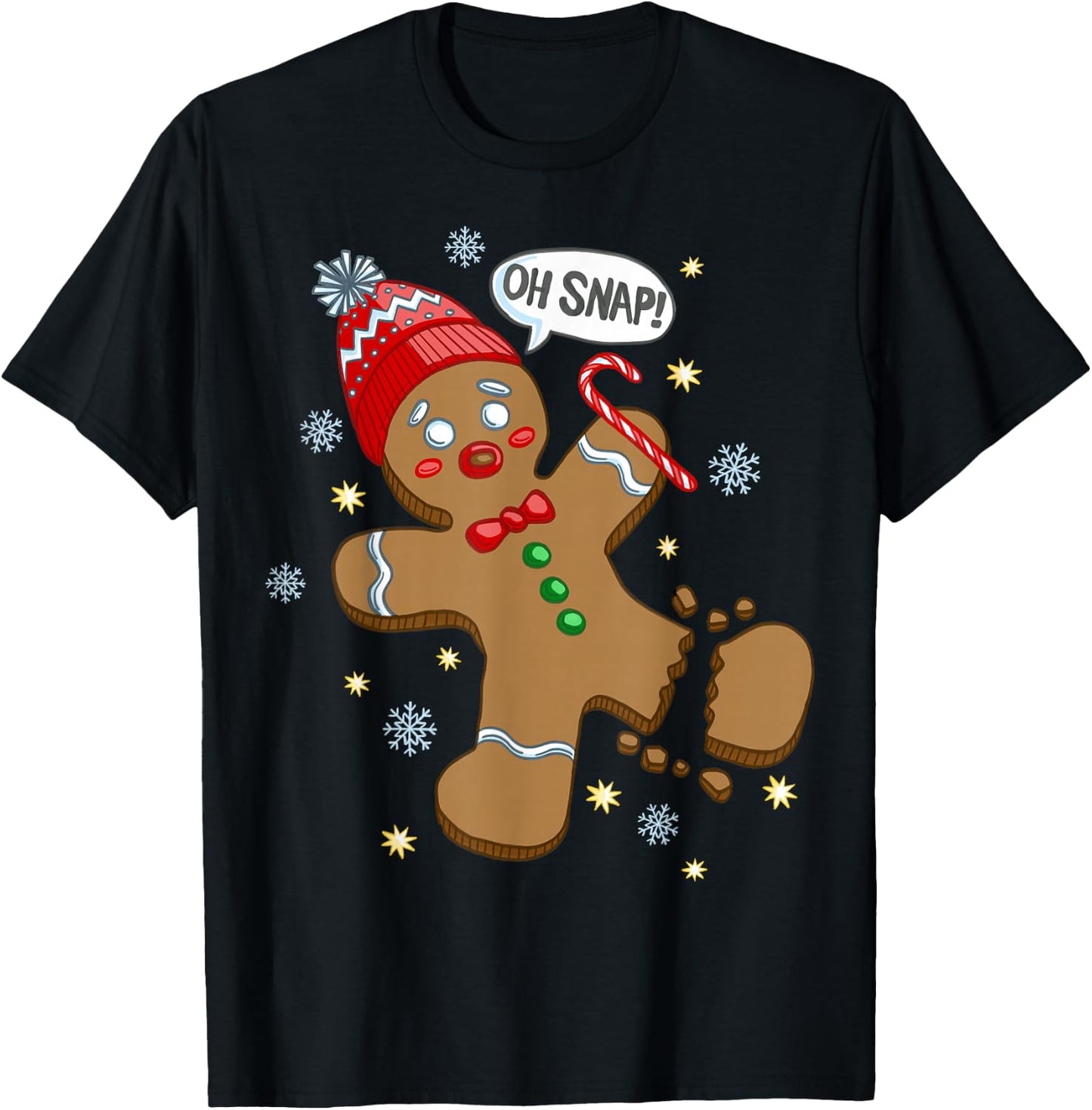 Trendy Holiday Apparel Gingerbread Man Oh Snap Christmas - Men's Adults Black Solid Short Sleeve Classic Fit Pull On Christmas Celebration T-Shirt - T-Shirt | Black