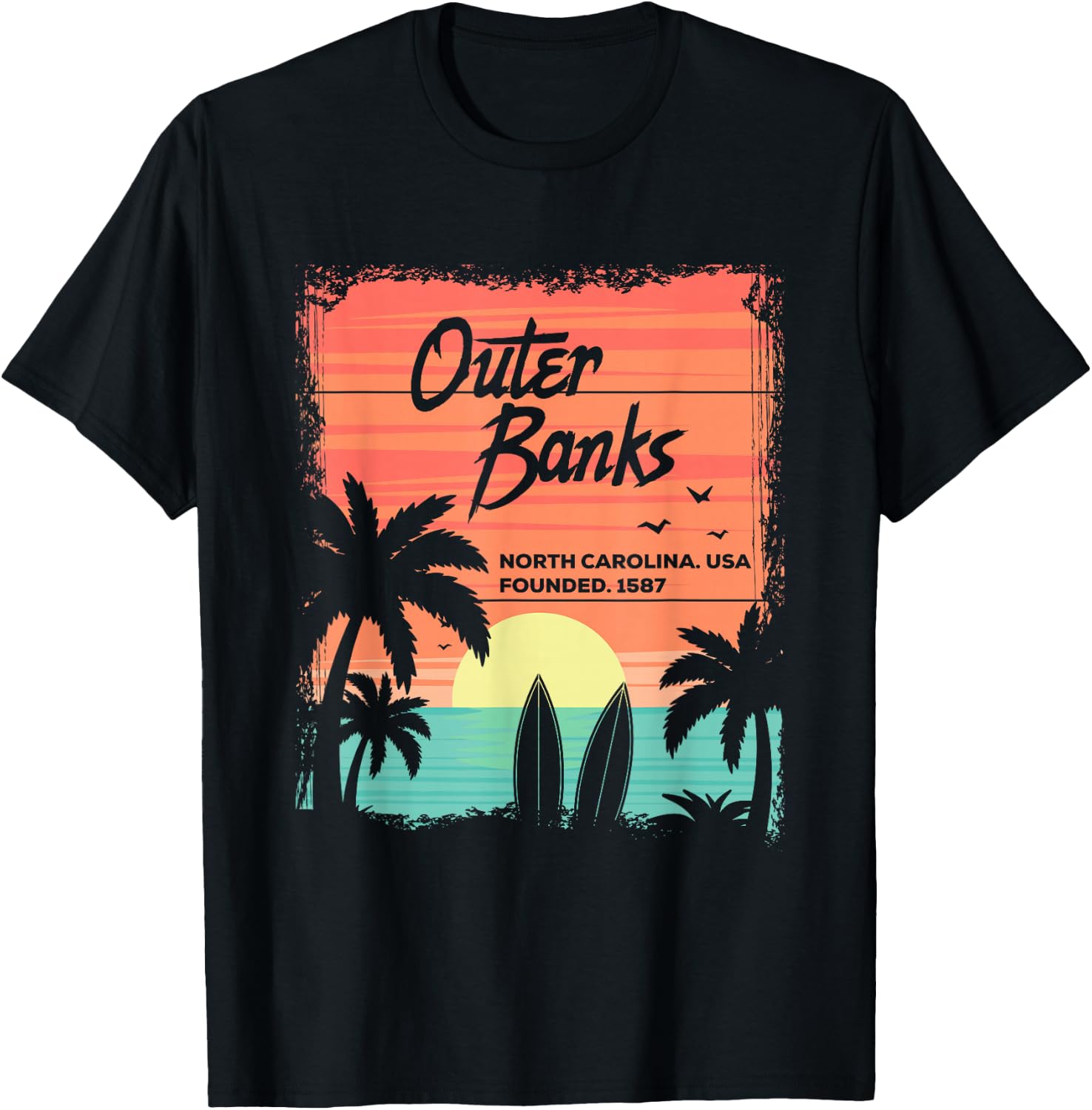 North Carolina Beach Surfing Sunrise NC OBX T-Shirt - T-Shirt | Black
