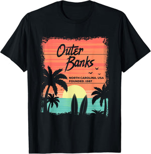 North Carolina Beach Surfing Sunrise NC OBX T-Shirt - T-Shirt | Black