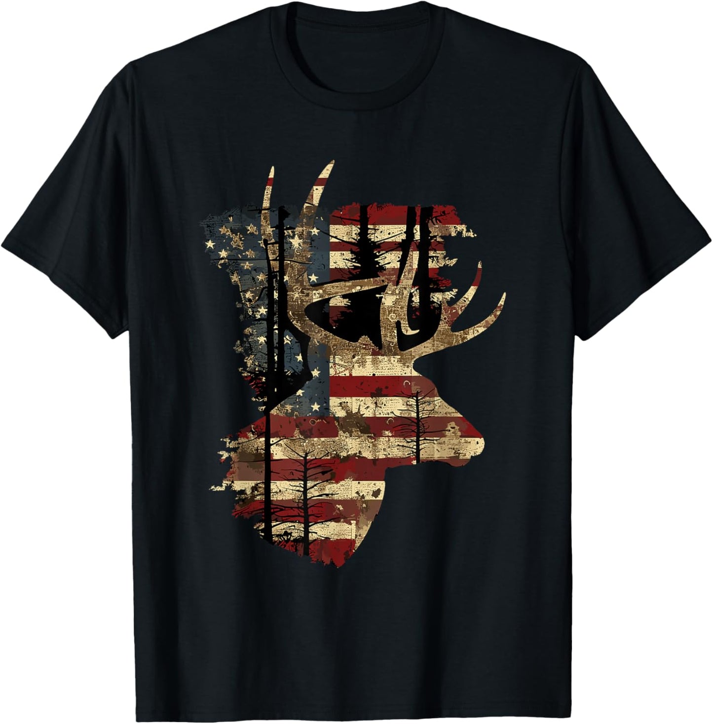 Whitetail Buck Deer Hunting 4th Of July USA American Flag Men T-Shirt - T-Shirt | Black