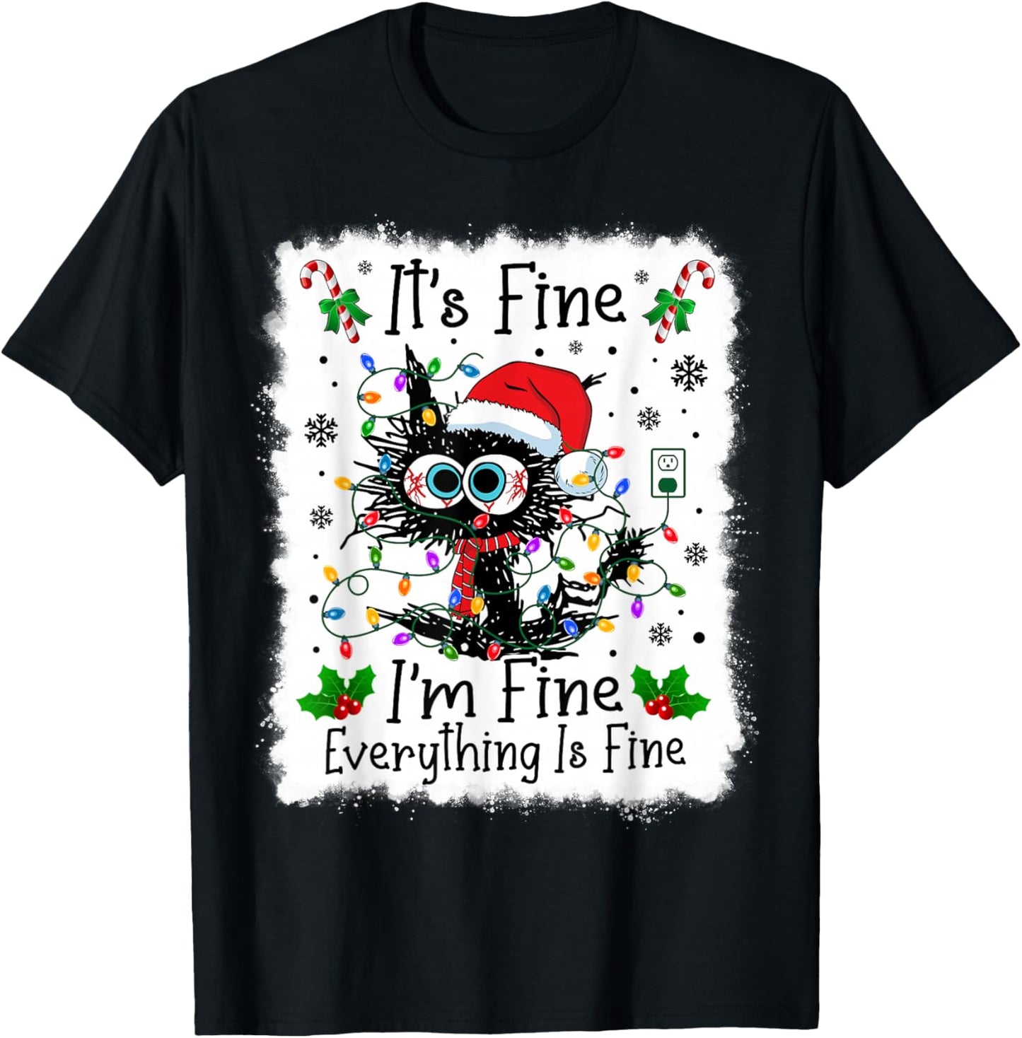 It's Fine I'm Fine Everything is Fine Cat Christmas Lights T-Shirt - T-Shirt | Black