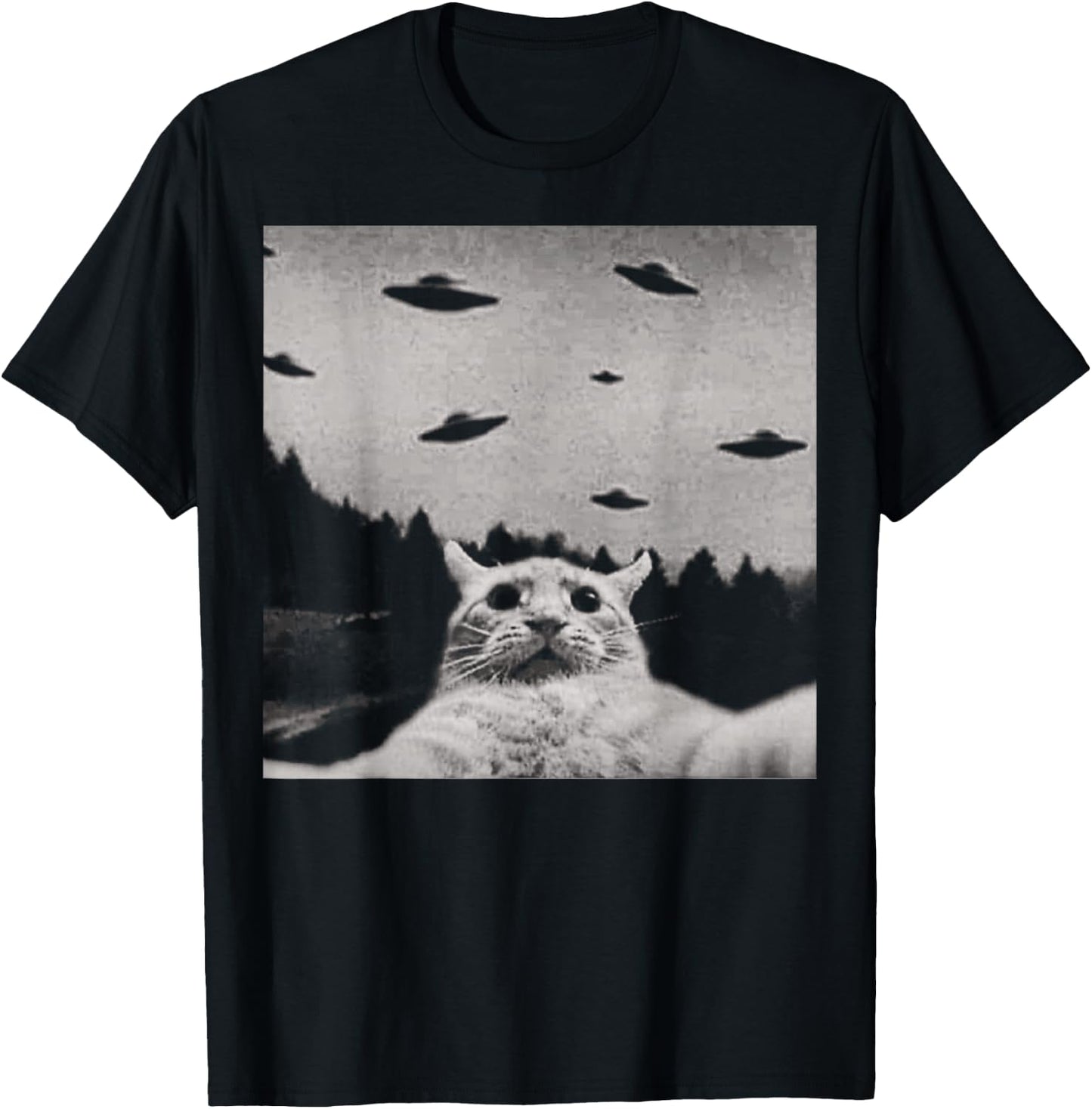 ThreadWeird Alien Cat UFO - Classic Fit, Round Neck, Black, Adult T-Shirt - T-Shirt | Black