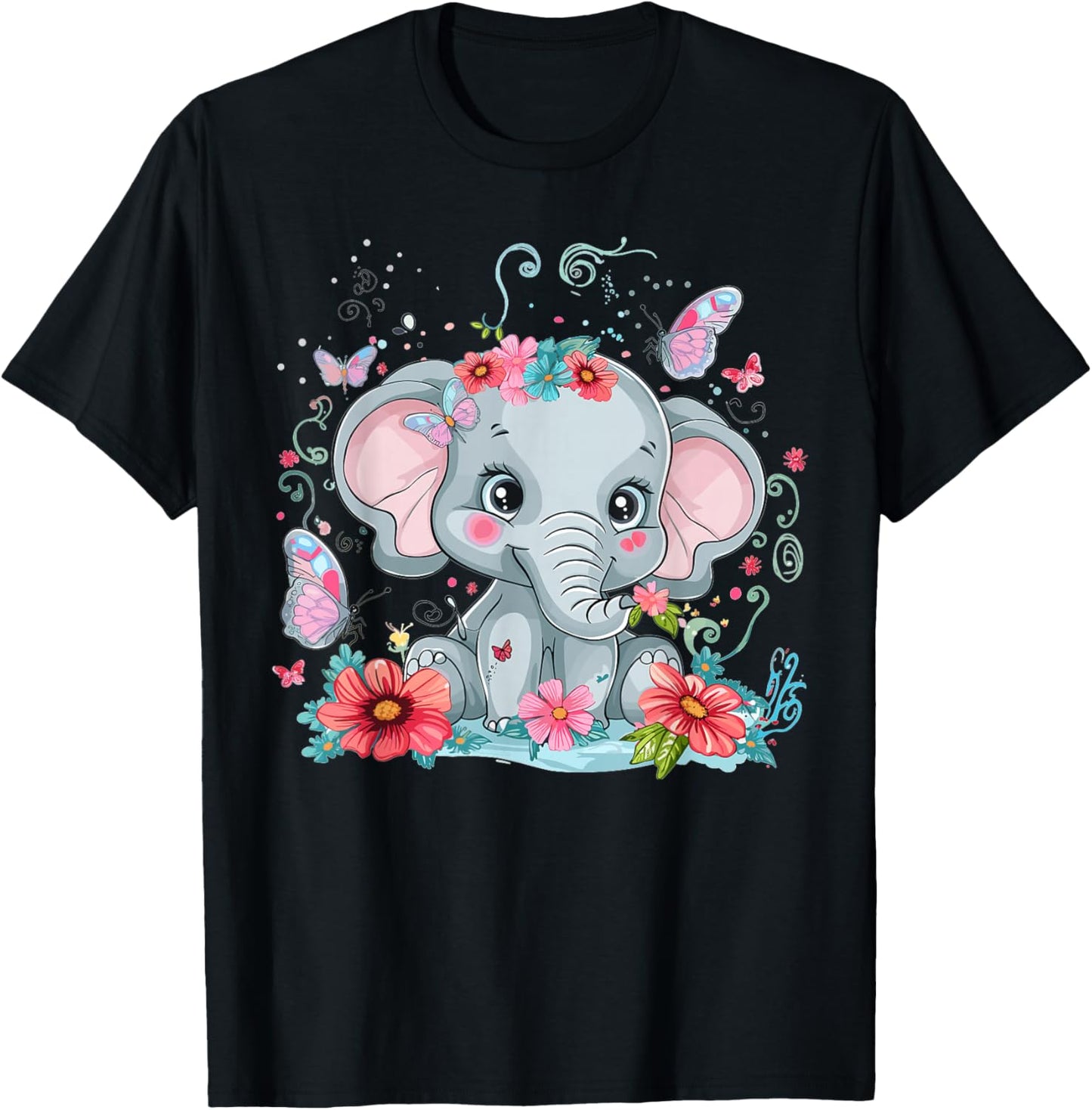 Cute Elephant with Flowers I Kids Elephant T-Shirt - T-Shirt | Black
