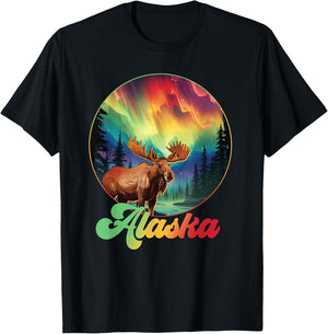 Alaska Northern Lights Aurora Alaska Vacay Moose T-Shirt - T-Shirt | Black