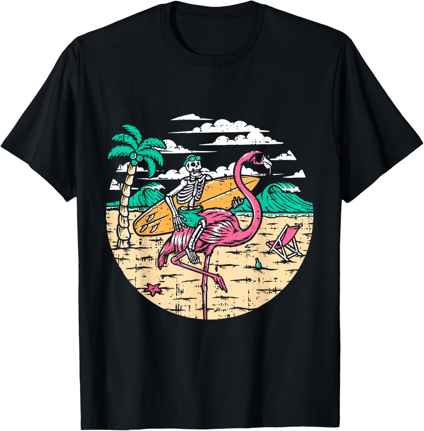 Skeleton Surfer Riding Flamingo Halloween Costume Surfing T-Shirt - T-Shirt | Black